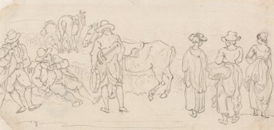 Figure with Lute and Tambourine, with Other Figures, Men Resting, Country Women, Horses by Paul Sandby